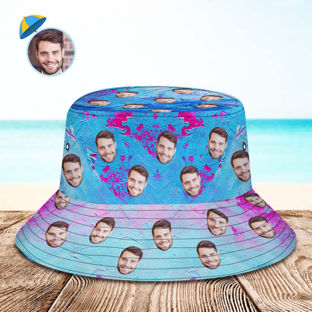 Custom Face Bucket Hat Unisex Personalized Photo Wide Brim Outdoor Summer Hats Blue and Pink Oil Painting Style