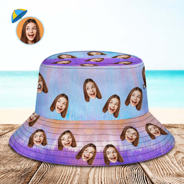 Custom Face Bucket Hat Unisex Personalized Photo Wide Brim Outdoor Summer Hats Purple Blue and Orange Oil Painting Style