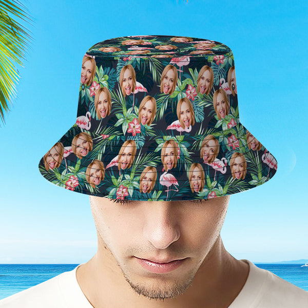 Custom Bucket Hat Personalized Face All Over Print Tropical Flower Print Hawaiian Fisherman Hat - Flamingo