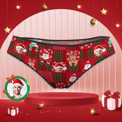 Custom Face Panties Personalized Photo Red Christmas Lace Panties for Women