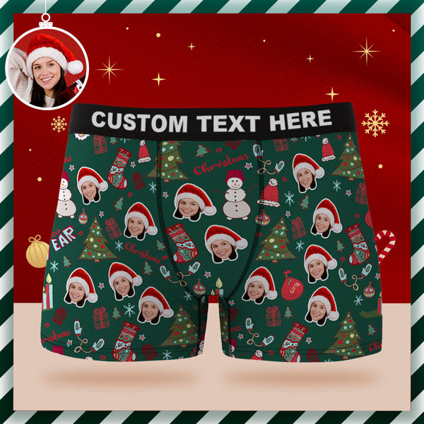 Custom Face Boxer Briefs Personalized Green Underwear Santa Claus Christmas New Year Gift for Him