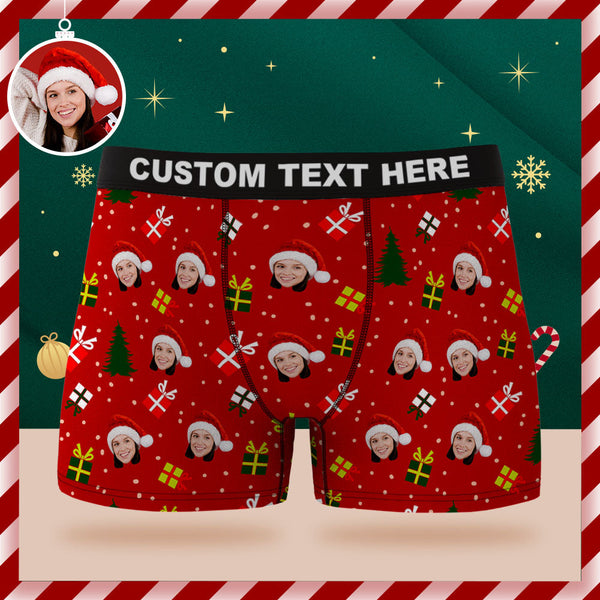 Custom Face Boxer Briefs Personalized Green Underwear Christmas Tree and Gifts Merry Christmas for Him