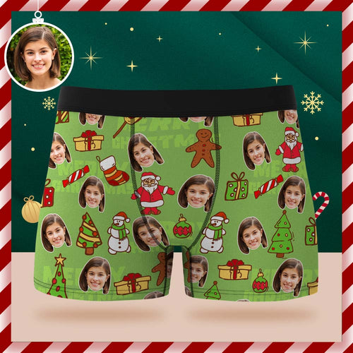 Custom Face Boxer Briefs Personalized Green Underwear Christmas Gift for Him