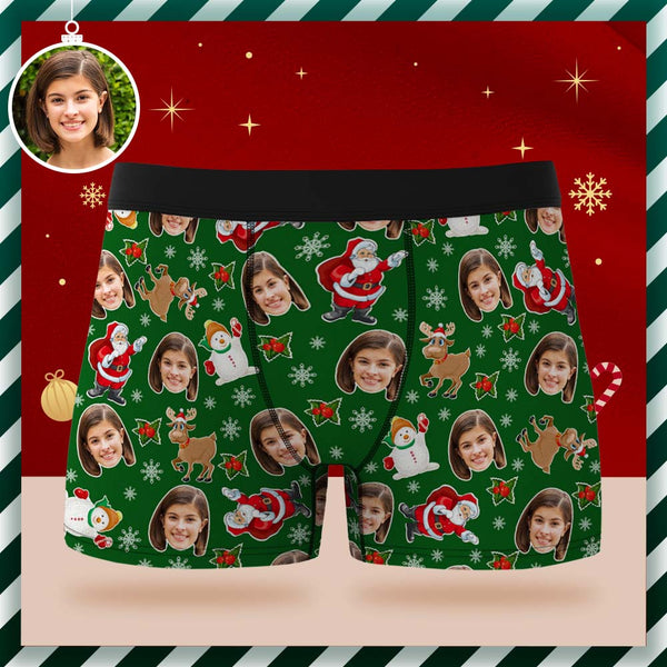 Custom Face Boxer Briefs Personalized Green Underwear Santa Claus and Snowman Christmas Gift for Him