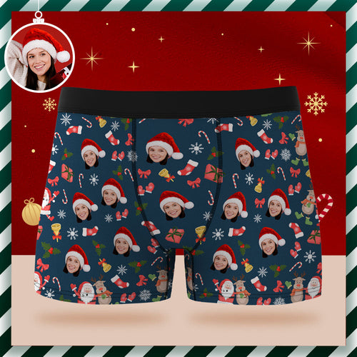 Custom Face Boxer Briefs Personalized Underwear Santa Claus and Elk Merry Christmas Gifts for Him