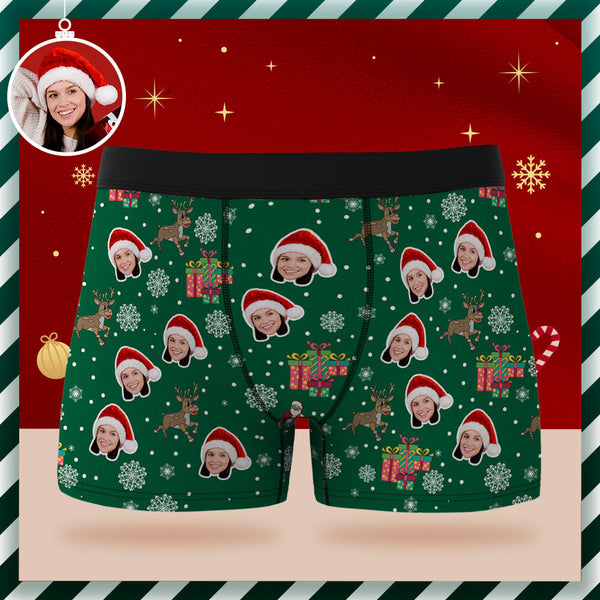 Custom Face Boxer Briefs Personalized Green Underwear Santa Claus and Elk Merry Christmas Gifts for Him