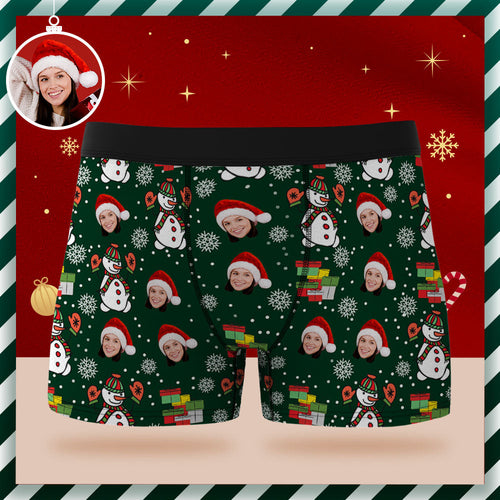 Custom Face Boxer Briefs Personalized Green Underwear Snowman Merry Christmas Gifts for Him