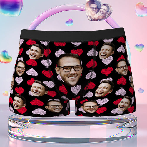 Custom Face Boxer Brief Red and Pink Hearts Gifts For Him Personalized LGBT Gifts