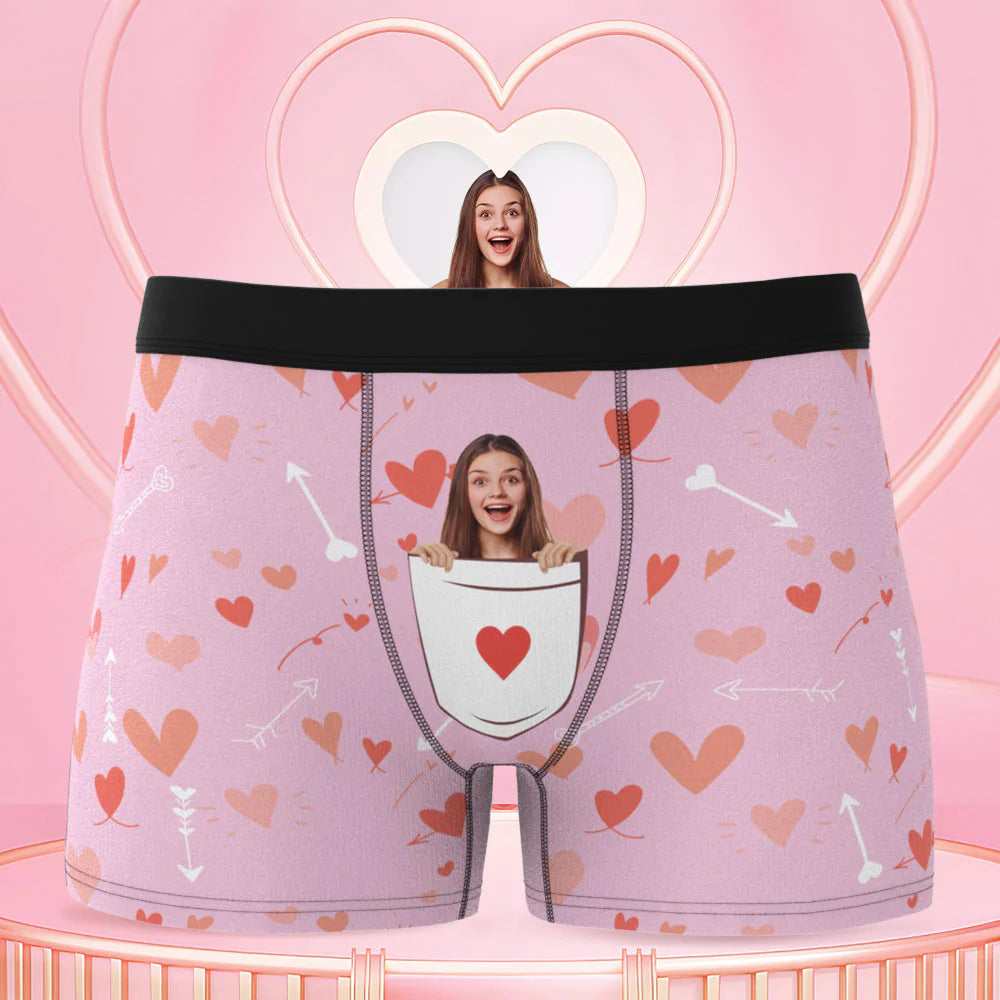 Custom Face Boxer Briefs Personalized Pink Underwear Heart Pattern