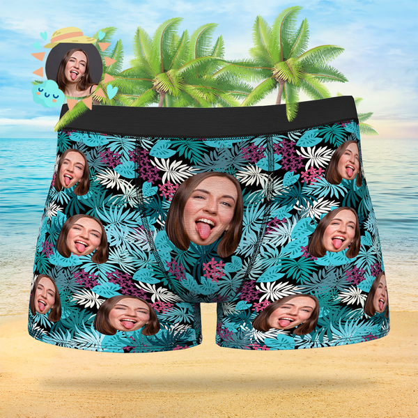 Custom Face On Boxer Shorts Men's Gifts Photo Boxer Briefs - Courful Leaves
