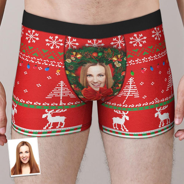 Custom Face Boxer Shorts Personalized Photo Boxer Shorts Christmas Gift - Christmas Wreath