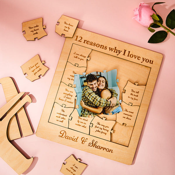 12 Reasons Why I Love You Custom Photo Name Acrylic Wooden Puzzle - Get Photo Blanket