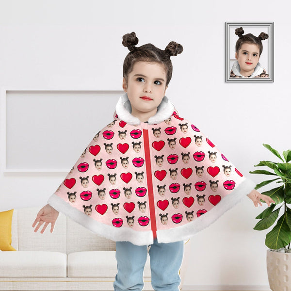 Custom Face Cape with Child Hat with Heart Pattern Warm Cape Gift for Children