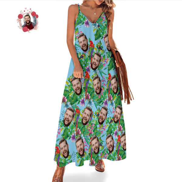 Custom Face Hawaiian Style Colorful Parrot Long Dress And Shirt Family Matching