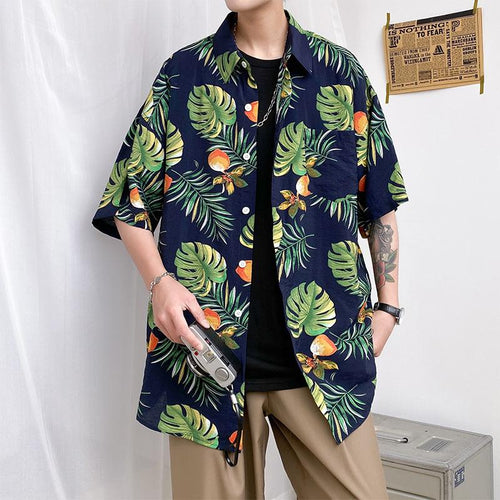 Hawaiian Shirts For Men Print Tropical Leaves On Black Background Aloha Beach Shirts