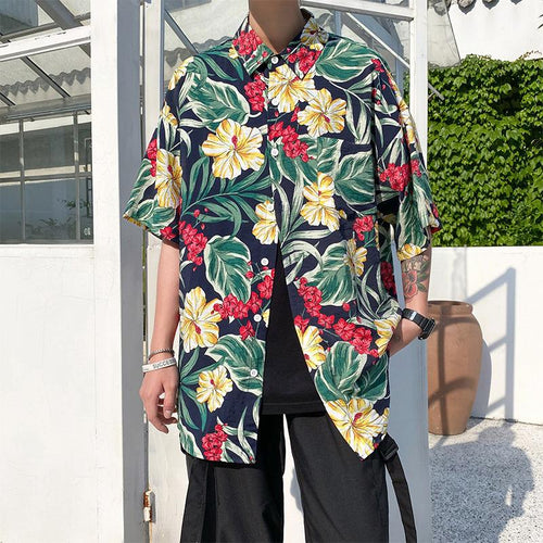 Hawaiian Shirts For Men Print Leaves and Flowers On Black Background Aloha Beach Shirts