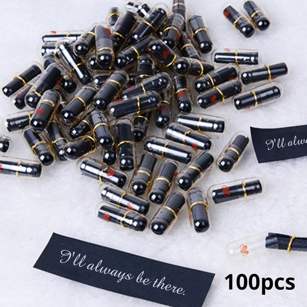 100pcs Black Lovely Mini Pill Shaped Message Capsule Letter In A Bottole With Box