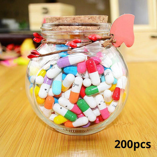 200pcs Lovely Smiling Face Mini Pill Shaped Message Capsule Letter In A Bottole With Box