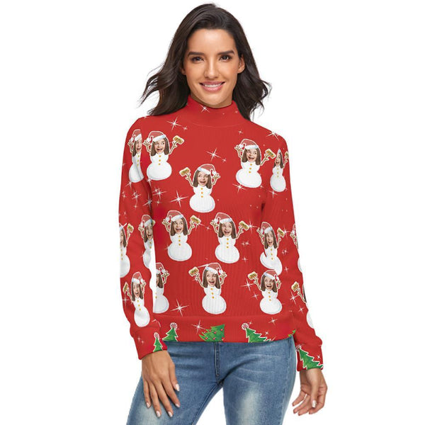 Custom Face Turtleneck for Women Christmas Sweater Knitted Loose Pullovers - Snow Girl