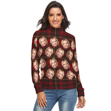 Custom Face Turtleneck for Women Christmas Sweater Knitted Loose Pullovers - Classic Red Plaid