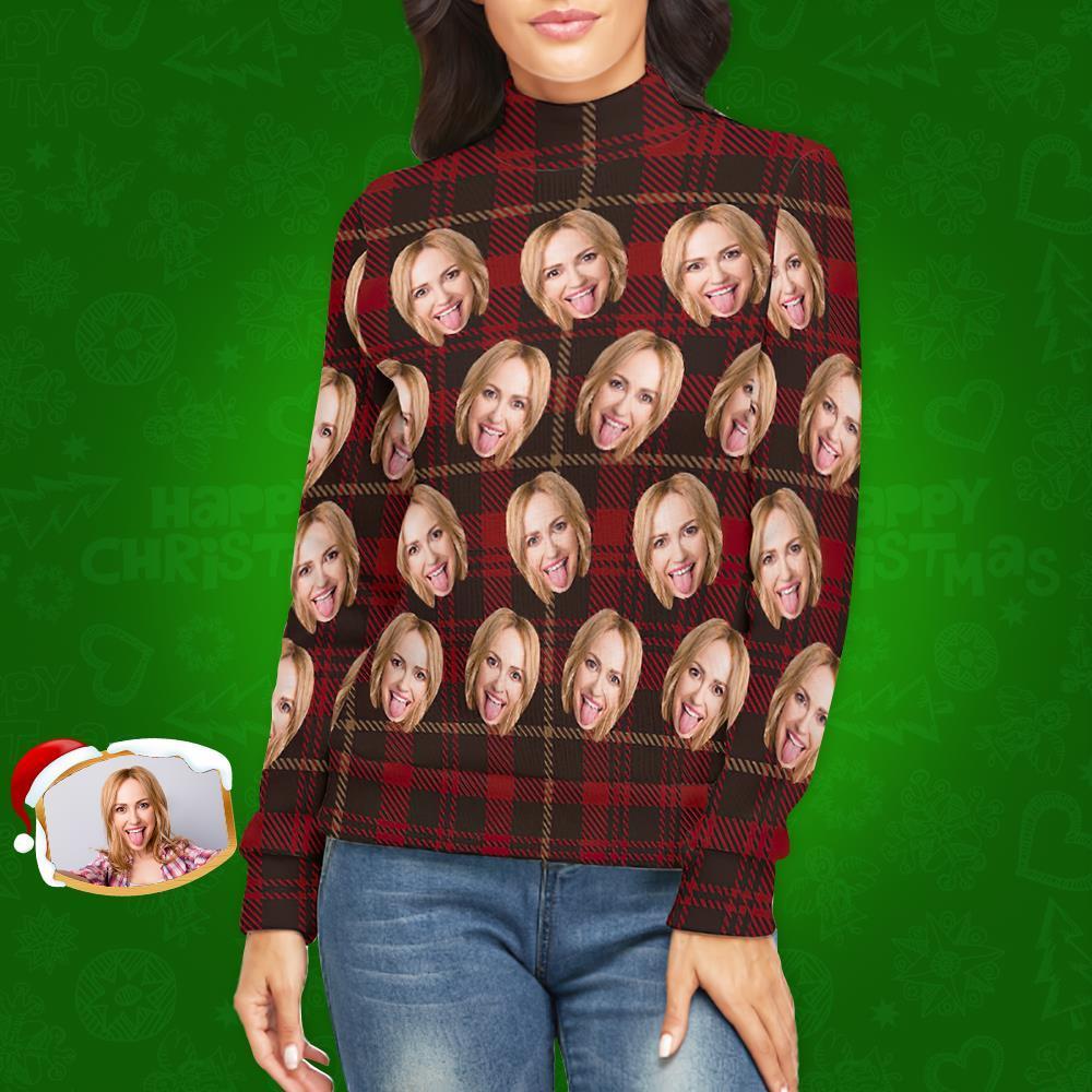 Custom Face Turtleneck for Women Christmas Sweater Knitted Loose Pullovers - Classic Red Plaid