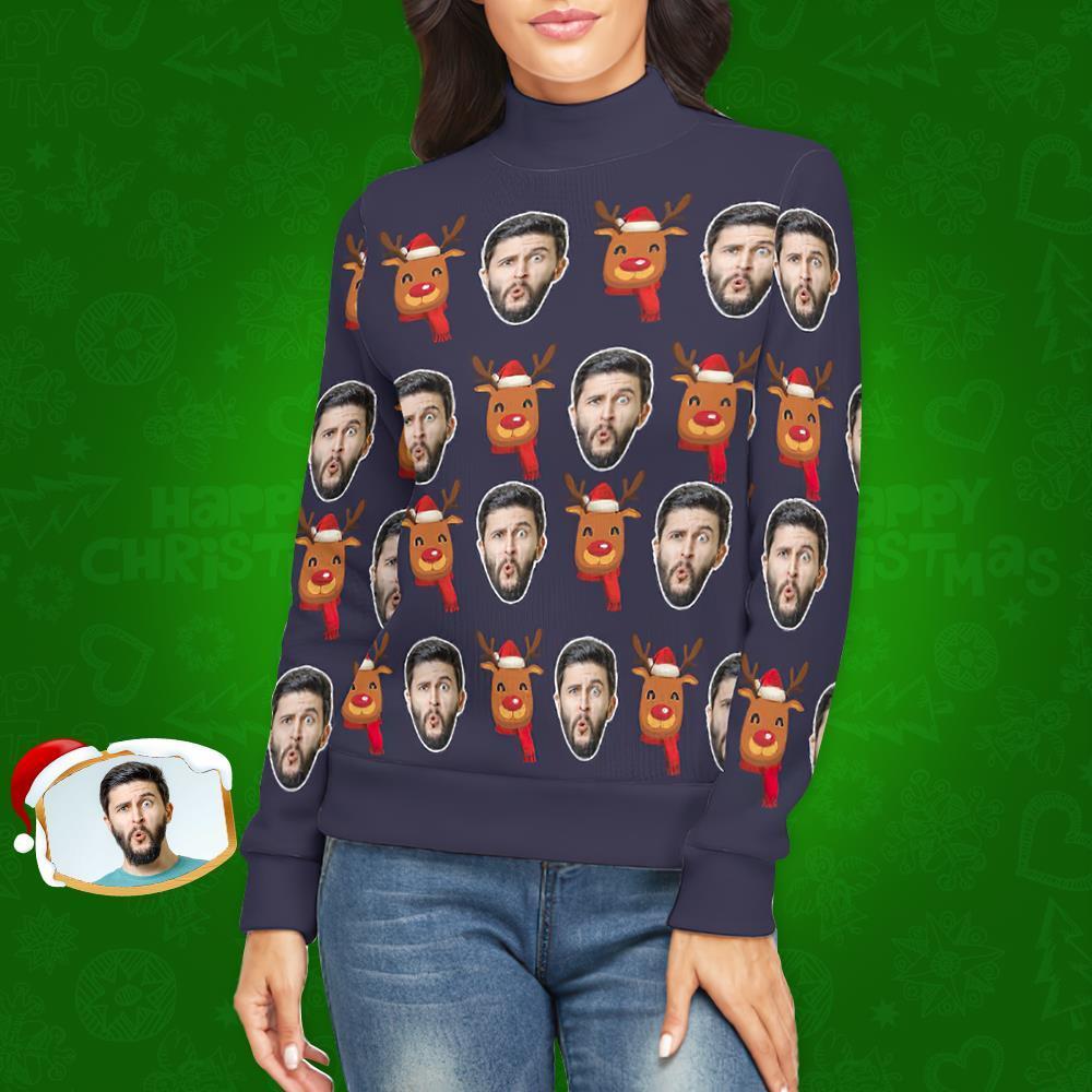 Custom Face Turtleneck for Women Christmas Sweater Knitted Loose Pullovers - Christmas Rudolph