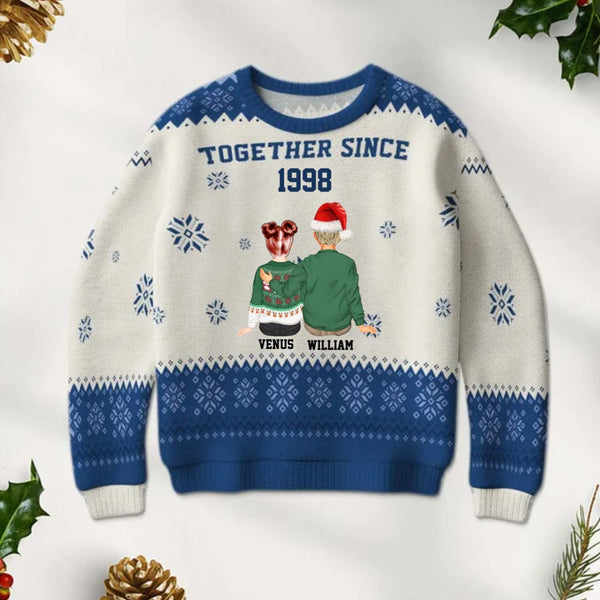 Personalized Unisex Ugly Sweater Christmas Gifts For Couples - Together Since Theme Custom Hairstyle Clothes Name Back View