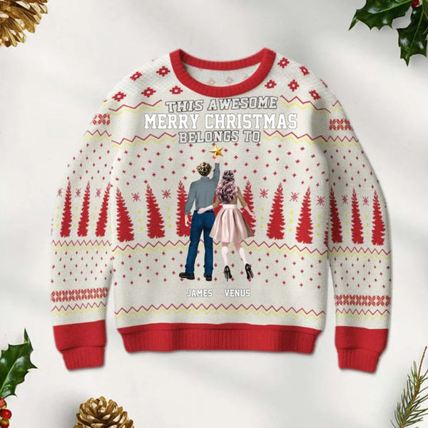 Personalized Unisex Ugly Sweater Christmas Gifts For Family -  Custom Cartoon Back View This Awesome Person Belongs To Theme
