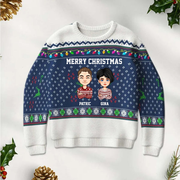 Personalized Unisex Ugly Sweater Christmas Gifts For Couples Friends - Custom Cartoon Name Clothes Hairstyle