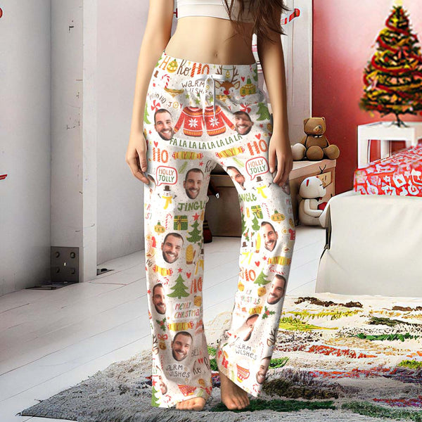 Custom Face Pants Ladie's Loose Wide-leg Pajama Pants Merry Christmas HOHOHO