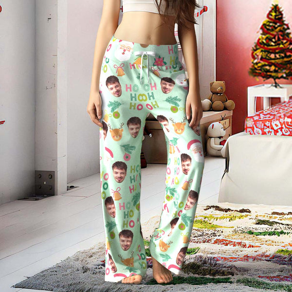 Custom Face Pants Ladie's Loose Wide-leg Pajama Pants Santa Claus and Snowman Merry Christmas