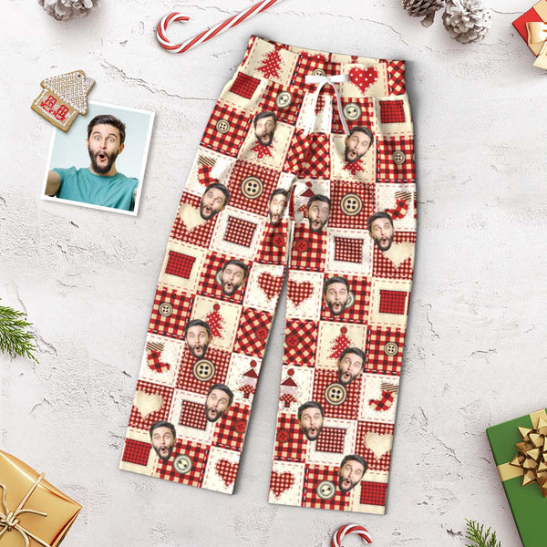 Custom Face Pants Ladie's Loose Wide-leg Pajama Pants Christmas Red Plaid Pajamas Merry Christmas