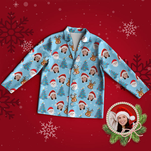 Custom Face Pajama Personalized Blue Photo Pajamas Santa Claus and Elk Christmas Gifts