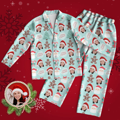 Custom Face Pajama Personalized Photo Pajamas Santa Claus and Gingerbread Man Merry Christmas
