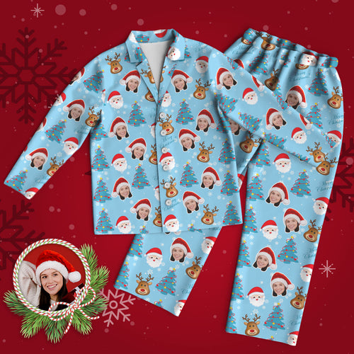 Custom Face Pajama Personalized Blue Photo Pajamas Santa Claus and Elk Christmas Gifts