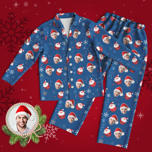 Custom Face Pajama Personalized Blue Photo Pajamas Cute Santa Claus Christmas Gifts for Family