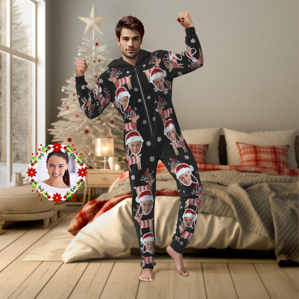 Custom Face Christmas Elk Onesies Pajamas One-Piece Sleepwear Christmas Gift