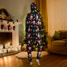Custom Face Christmas Lights Printed Flannel Fleece Onesie Pajamas Personalized Face Jumpsuit Homewear Christmas Gift