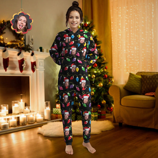 Custom Face Christmas Lights Printed Flannel Fleece Onesie Pajamas Personalized Face Jumpsuit Homewear Christmas Gift