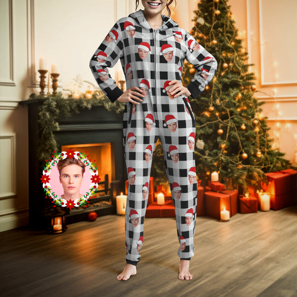 Custom Onesies Photo Pajamas One-Piece Sleepwear Red and Black Plaid Jumpsuit Homewear Christmas Gift For Her