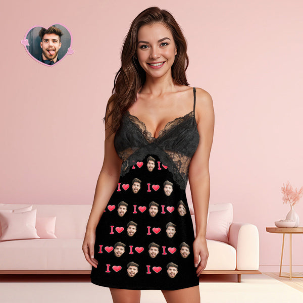 Custom Face Women Lace Sleepwear LOVE YOU Personalized Photo Nightwear Valentine's Day Gift