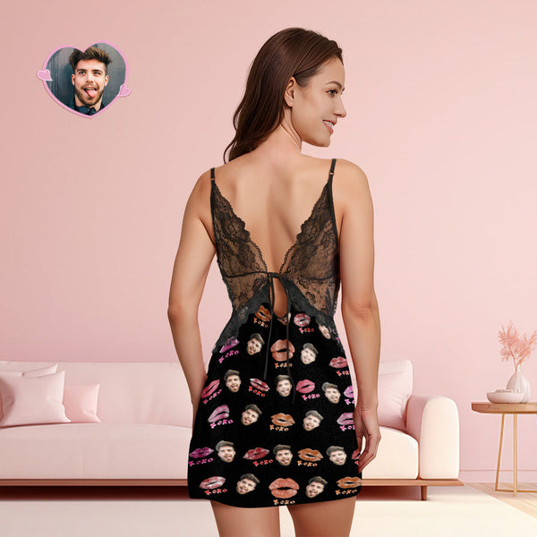 Custom Face Women Lace Sleepwear XOXO Personalized Photo Nightwear Valentine's Day Gift