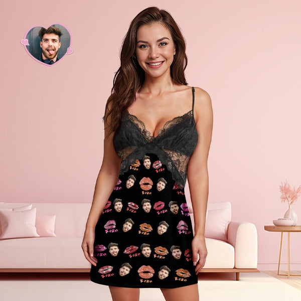 Custom Face Women Lace Sleepwear XOXO Personalized Photo Nightwear Valentine's Day Gift