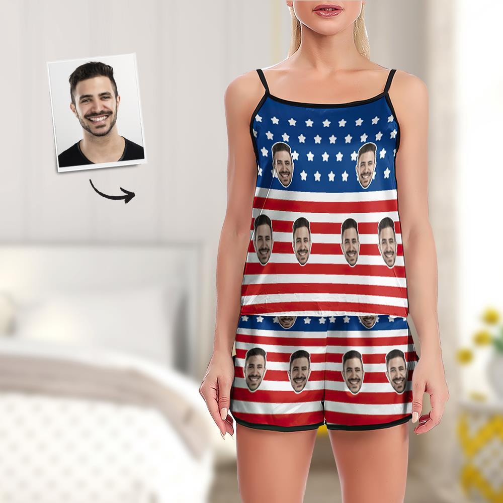 Custom Face Pajamas Suspender Sleepcoat Shorts Lingerie Set Summer Sleepwear - USA Flag