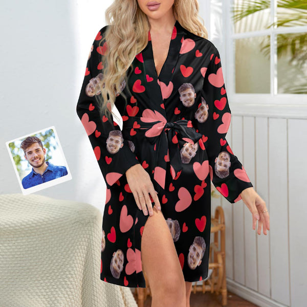 Custom Face Red Heart Printed Long Sleeved Nightgown Valentine's Day Gift