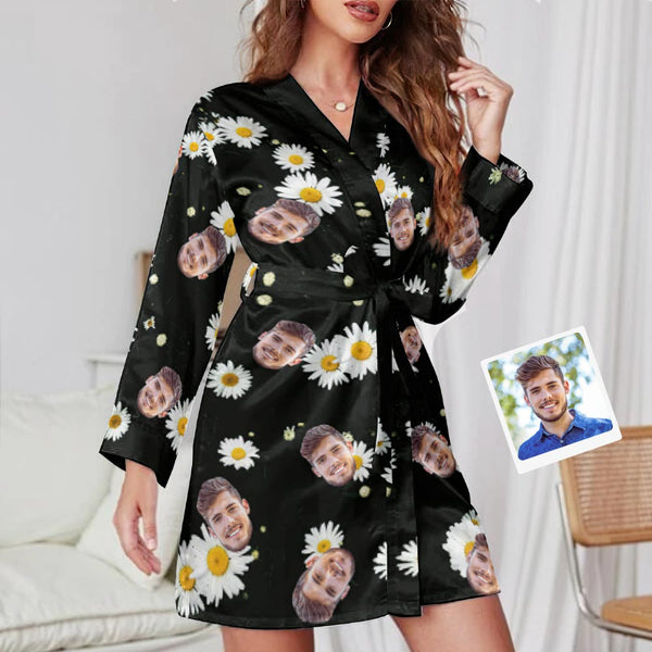 Custom Face Daisy Long Sleeved Nightgown Valentine's Day Gift