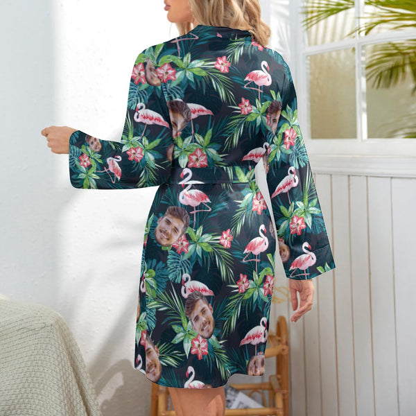 Custom Face Long Sleeved Nightgown Flamingo Flowers And Leaves