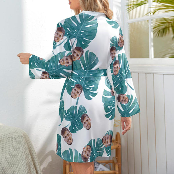Custom Face Long Sleeved Nightgown Hawaiian Style Large Leaves Pattern