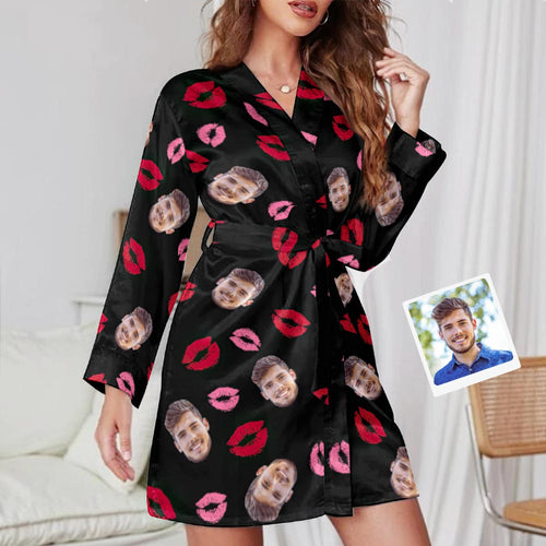 Custom Face Colorful Lip Printed Long Sleeved Nightgown Wedding Gifts