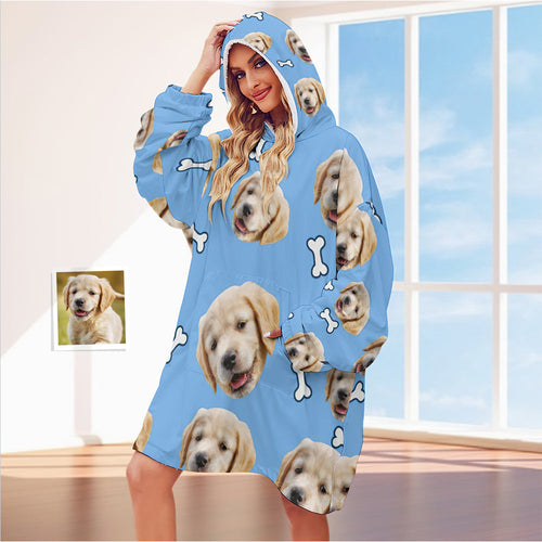 Custom Face Adult Blanket Hoodie Personalized Blanket Pajama Gift for Women Pet Dog - SantaSocks